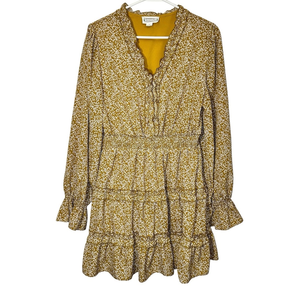 Loveriche Dress L Gold Ochre Floral Smocked Ruffle Tiered Mini Boho Cottagecore